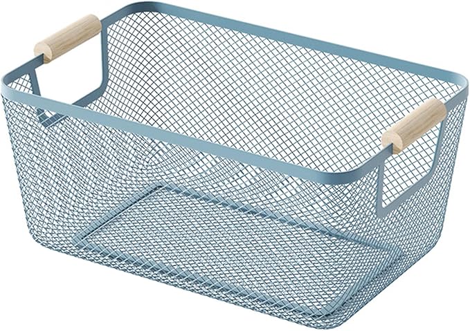 AJIODA Metal Mesh Steel Basket, Medium Wire Storage Organizer Basket Multi-function Hanging Kitchen Basket with Wood Handle f