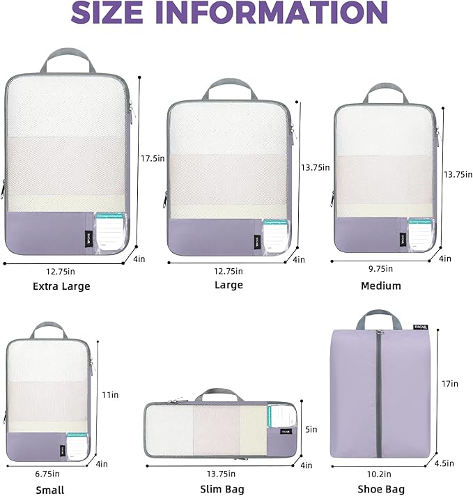 BAGAIL 6 Set Lightweight Compression Packing Cubes with Packing List, Anti-Tearing Expandable Organizer Bags for Travel, Dust
