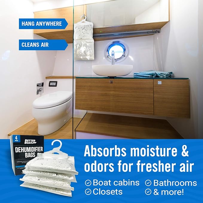 4 Pack Moisture Absorber Hanging Bags, Boat Dehumidifier with Charcoal, Unscented, Removes Dampness and Musty Odors, Ideal