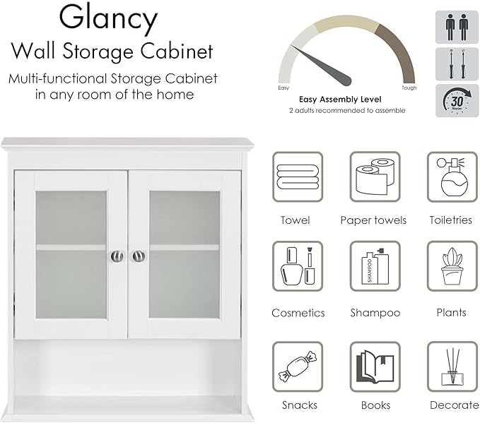 Spirich Bathroom Cabinet Wall Mounted, Medicine Cabinet Organizer with Glass Doors and Adjustable Shelves, Bathroom Wall Cabi