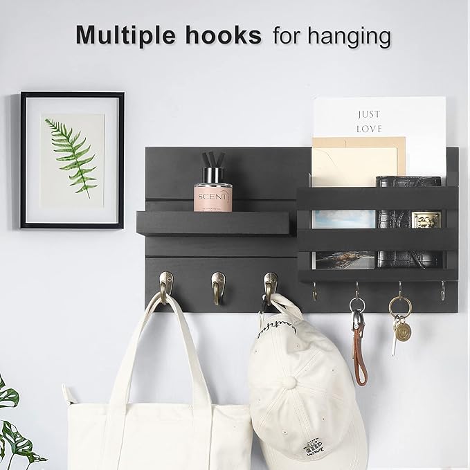 Lwenki Mail Organizer for Wall Mount – Key Holder with Shelf Includes Letter Holder and Hooks for Coats, Dog Leashes – Rustic