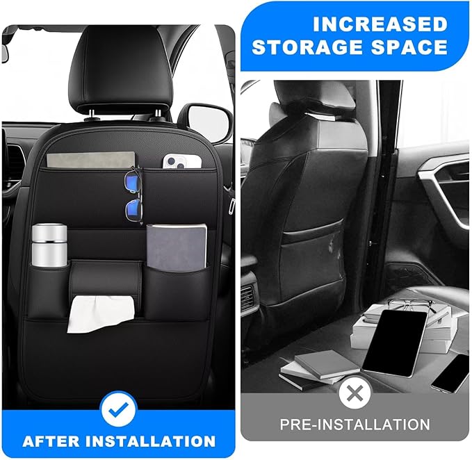 Back Seat Protector 2 Pack Fit For Nissan Rogue Car Kick Mats with Cup & Tissue Storage Organizer Pockets Waterproof Dirt Proof Faux Leather Auto Accessories For Kids(1 Pair Black)