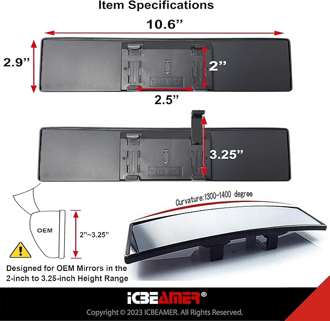 10.6" ICBEAMER Clip On Rear View Mirror | Convex Clear Tint, Panoramic Wide Angle HD Glass, Anti Glare, Universal Fit for Car, SUV, Truck | Eliminates Blind Spots (1 Pack)