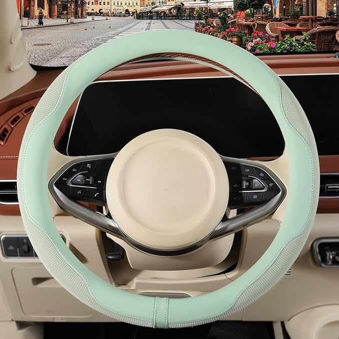 Nappa Leather Green Steering Wheel Cover, Advanced Microfiber Leather Non-Slip Breathable Fabric, Warm in Winter and Cool in 