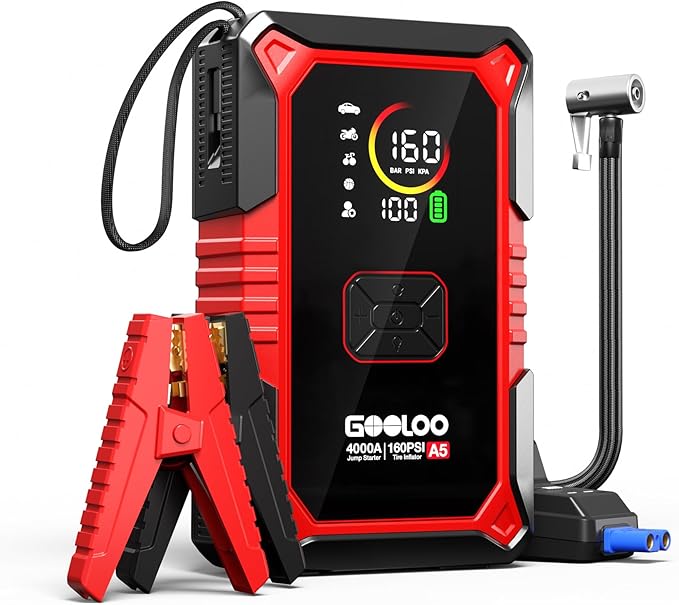 GOOLOO A5 Jump Starter with Air Compressor, 4000A Car Battery Jump Starter (All Gas/10.0L Diesel) with 160PSI Tire Inflator