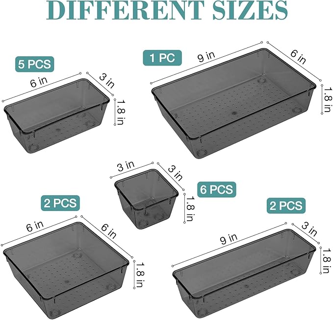 StorMiracle 16 PCS Drawer Organizer Set, 5 Varied Size Bathroom and kitchen Drawer cabinet organizer Trays, Clear Storage Bin