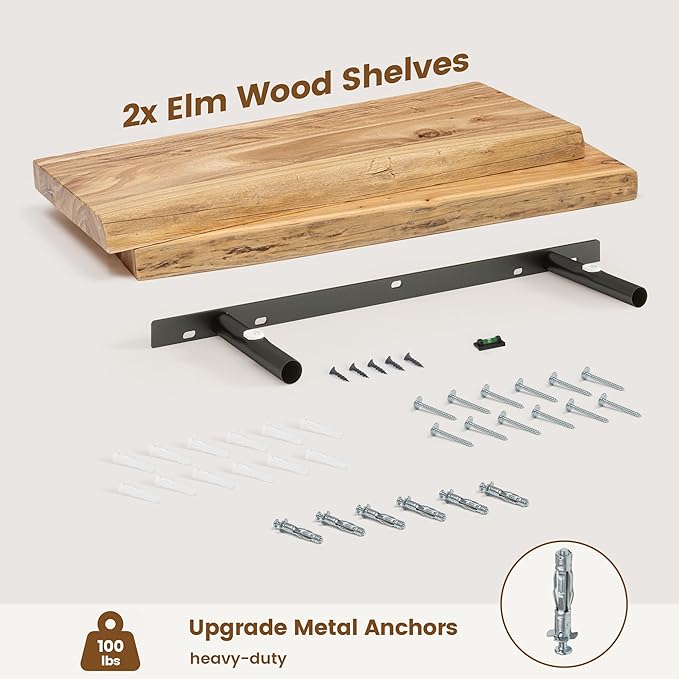 Live Edge Elm Floating Shelves for Wall Decor, Rustic Solid Wood Shevles Wall Mounted with Invisible Bracket for Living Room 