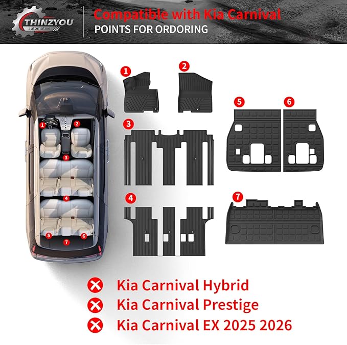 Floor Mats Compatible with 2022-2025 2026 Kia Carnival 8 Seater MPV No Hybrid&Prestige Trunk Liner Cargo Liner Cargo Mat 2024 Carnival Accessories (Floor Mats+Trunk Mat+Backrest Mats)