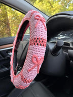 Handmade Crochet Pink Bow Car Steering Wheel Covers Universal 14-15 inch,Cute Steering Wheel Cover,Car Accessories (A,Steering Wheel Cover)