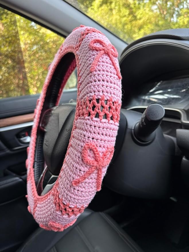 Handmade Crochet Pink Bow Car Steering Wheel Covers Universal 14-15 inch,Cute Steering Wheel Cover,Car Accessories (A,Steering Wheel Cover)