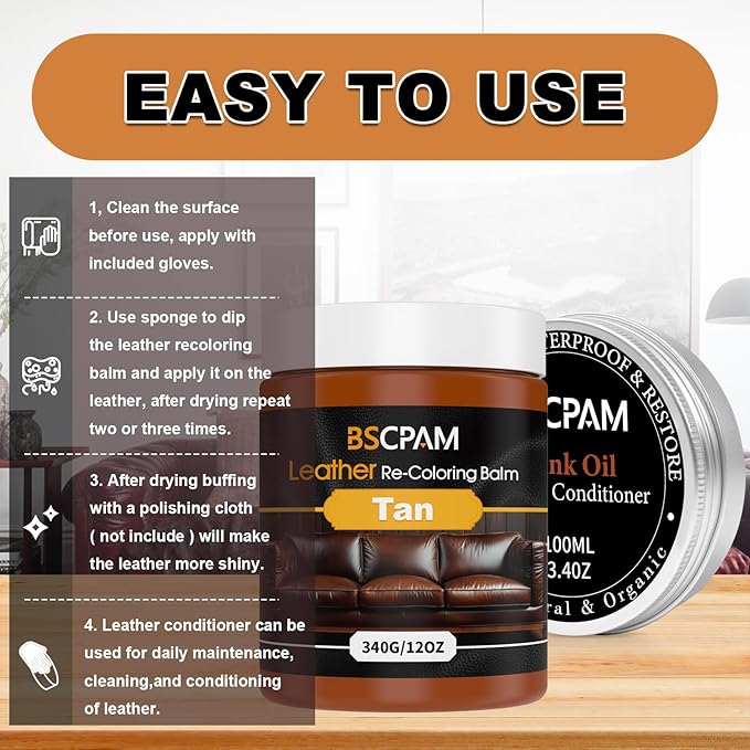 12oz Leather Recoloring Balm & 3.4oz Mink Oil Leather Conditioner kit,Tan Leather Color Repair Kits for Couches, Leather Couc