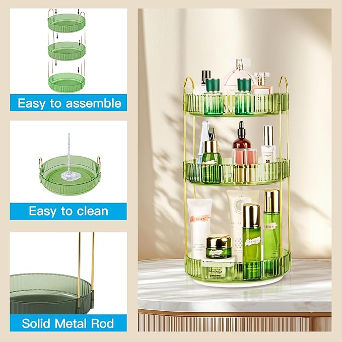 360 Rotating Makeup Organizer - Large Capacity Spinning Perfume & Cosmetic Skincare Holder for Vanity & Countertop (Gem Green