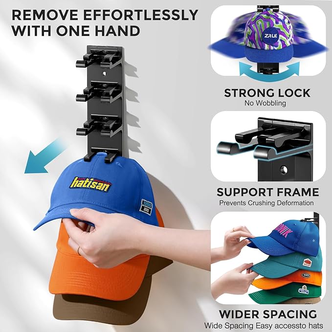 Hat Organizer for Baseball Caps, 2 Pack Hat Rack for Wall Closet Door Hold up to 16 Hats,Hat Holder with Adhesive and 8 Screw