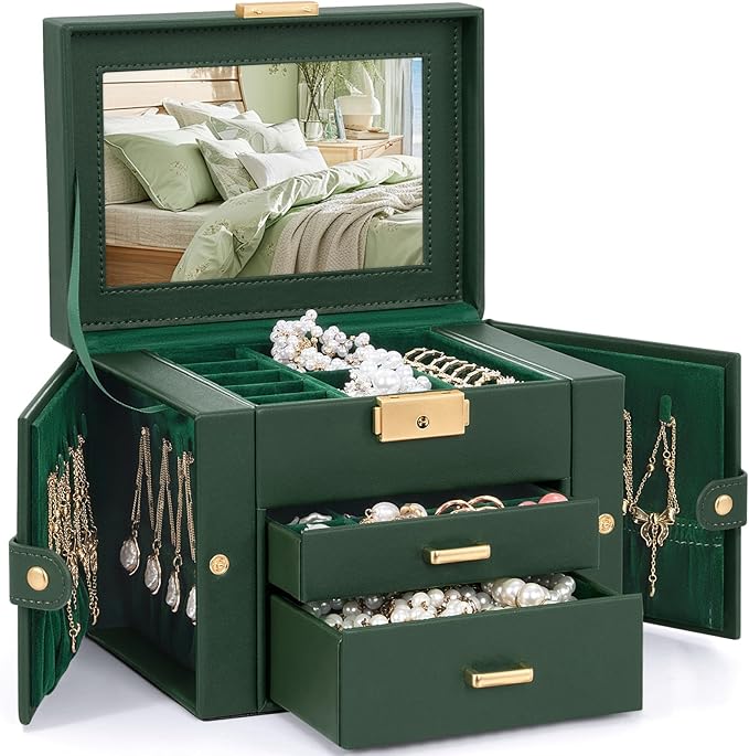 TORIBIO Jewelry Box for Women, Leather Jewelry Organizer with Mirror & Lock, 3-Tier Jewelry Storage Organizer with 2 Drawers 