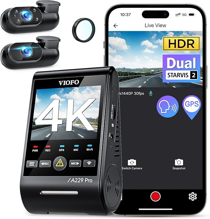 VIOFO A229 Pro 3 Channel 4K HDR Dash Cam, Dual STARVIS 2 Sensors IMX678 & IMX675, 4K+2K+1080P Front Inside and Rear Triple Ca