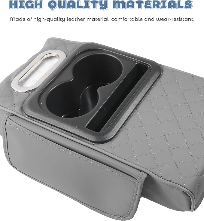 Car Armrest Storage Box,Car Accessories Console Organizers and Storage,Universal Waterproof Leather Console Cover with Cup Holder and Phone Holder,Suitable for Most Cars (Embroidered, Gray)