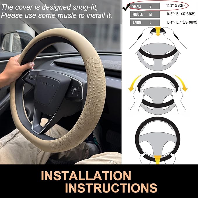 PINCTROT Nappa Leather Steering Wheel Cover for Tesla Model Y/3 Highland/Juniper, D Shaped 14 Inch Small Sized with Breathabl