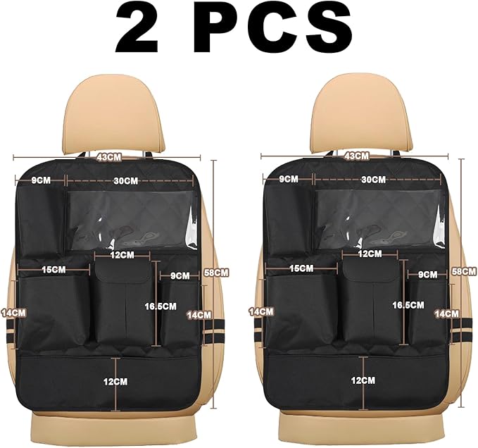 Car Seat Organizers,Multi-functional Back Seat Protectors, Storage Pouches, Child kicking prevention and Tray Holders Kick Mats Back (for Cars, Kids,and Rear Seats) (Black, 2 Pack)