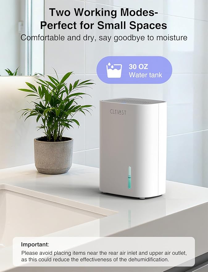 CLEVAST Small Dehumidifier for Home, 30oz Compact Mini Dehumidifier with Auto Shut-Off, Quiet 24dB Portable Air Dehumidifier