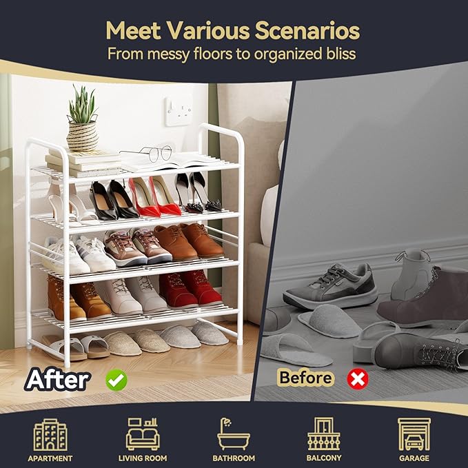 Shoe Rack Metal, Closet Shoe Organizer 4 Tier, Stackable & Adjustable, White