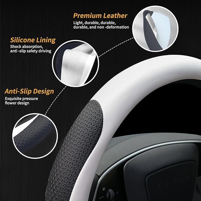 Premium Leather Steering Wheel Cover for Tesla Model 3/Y 2016-2025 2026 Juniper/Highland, Non-Slip Breathable Tesla Model 3/Y Steering Wheel Protector, White