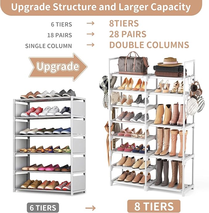 ROJASOP White Shoe Rack, Tall Metal Shoe Rack Organizer for Entryway Closet Garage, 8 Tier Large Shoe Shelf for 26-32 Pairs B