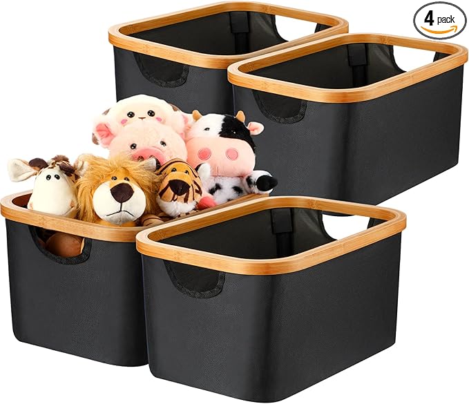 Hushee 4 Pcs Collapsible Storage Basket with Bamboo Handles 15"x10.3"x7.9" Foldable Fabric Storage Bins for Organizing Shelve