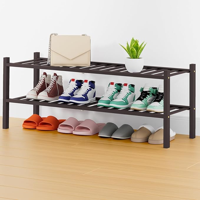 Smiry Shoe Rack, 2 Tier Thick Long Bamboo Shoe Organizer, Stackable Free Standing Wooden Shoe Storage Shelf for Closet, Entry