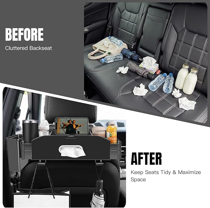 5-in-1 Car Back Seat Organizer and Storage with Extendable Cup Holder, Tissue Holder, Phone Holder, Hanging Hooks, Trash Bin, Back of Seat Car Headrest Organization Accessories for Women Man