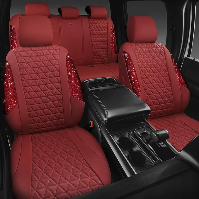CAR PASS Bling Diamond Burgundy Leather Car Seat Covers Full Sets Interior Sets, Waterproof Shining Glitter Sparkly Crystal U