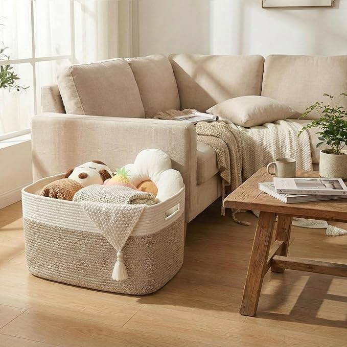 JMvicyroam Woven Blanket Basket,65L Large Storage Bin for Blankets Toys Clothes,Decorative Rope Basket for Living Room Bedroo