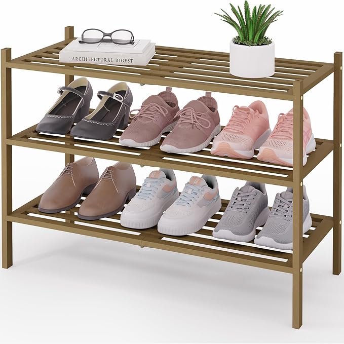 Smiry Bamboo Shoe Rack 3-Tier, Stackable Wooden Shoe Organizer for Entryway & Closet, Free Standing Wood Shoe Storage Shelf f