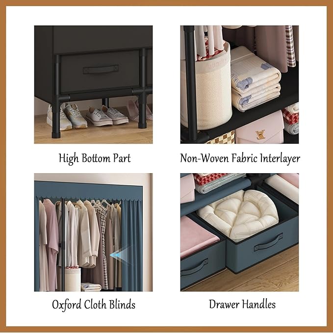 Portable Closet,Garment Rack,Heavy Duty Clothes Rack with Cover,Wardrobe Closet with 1 Hanging Rods, 2 Storage Shelves and 3 