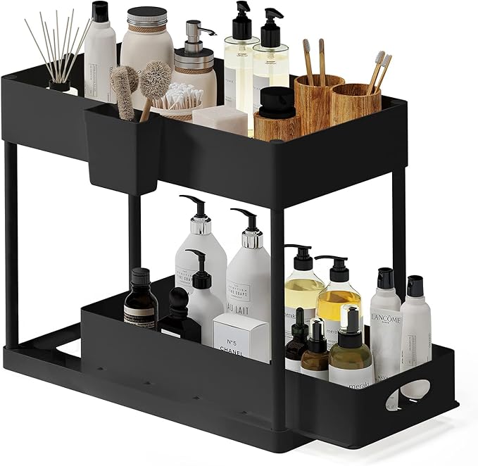 Under Sink Organizers and Storage, Bathroom Cabinet Organizer, Sink Shelf with Utility Hooks and Side Caddy for Under Cabinet