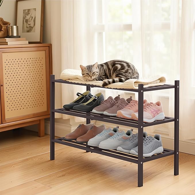 Smiry Bamboo Shoe Rack 3-Tier, Stackable Wooden Shoe Organizer for Entryway & Closet, Free Standing Wood Shoe Storage Shelf f