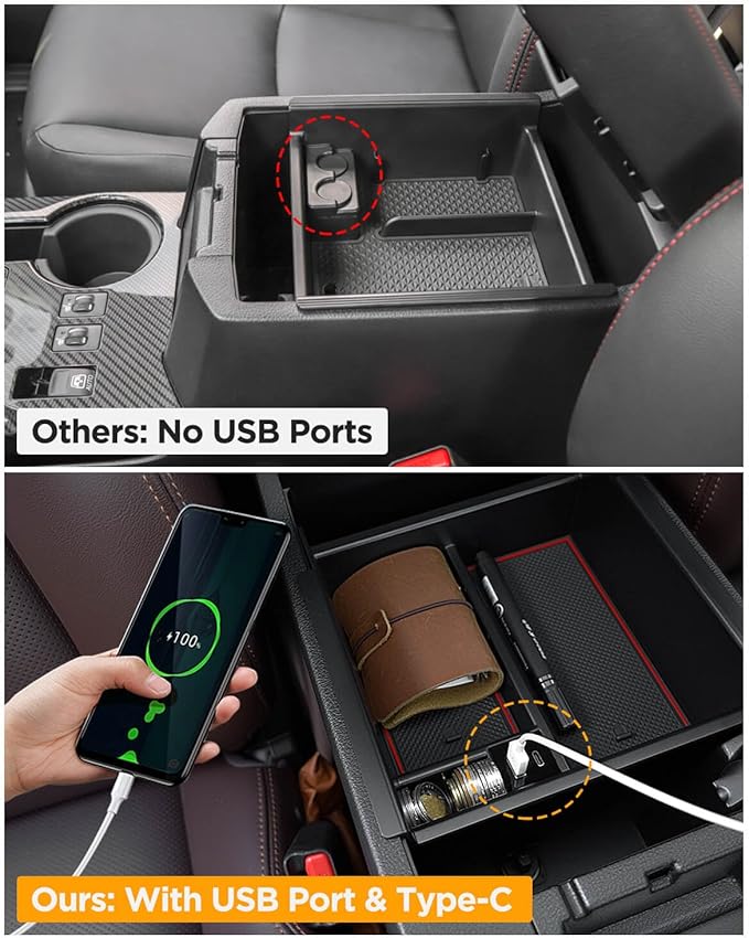 CarQiWireless Center Console Organizer Tray for Toyota 4Runner 2010-2020 2021 2022 2023 2024 5th Gen 4 Runner Accessories with USB Port Insert Armrest Box Secondary Storage Coin Change Holder Black