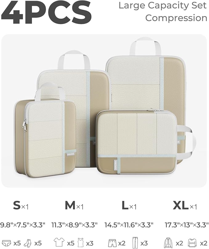 Percover Compression Packing Cubes 4-Piece Set, Packing Cubes Compression for Travel with Label Pockets, Travel Organizer for