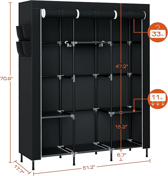 CASAMAYA Portable Closet, 51.2 Inch Large Capacity Wardrobe Closet with Cover, Clothes Storage Organizer with Shelves and 3 H