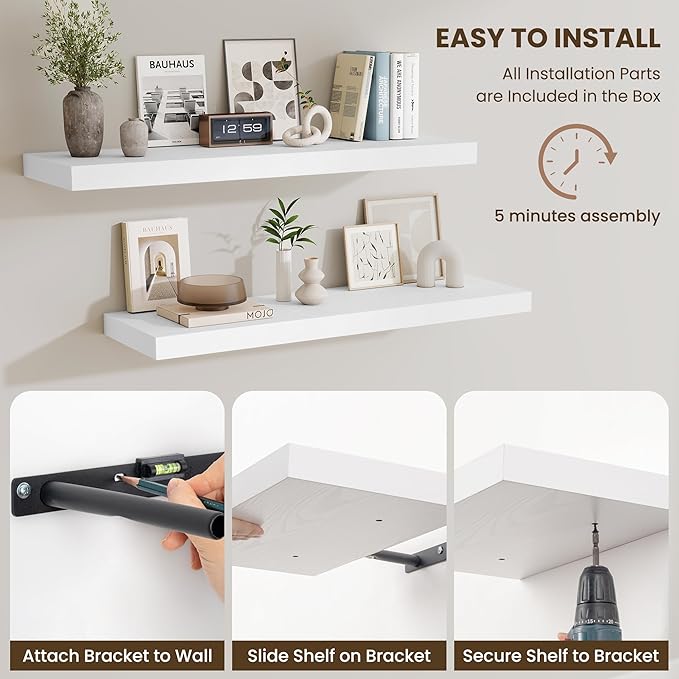 Fun Memories Floating Shelves Set of 2, 36 Inch Long Wooden Wall Shelves, 10 Inch Deep Wall Mounted Storage Shelf with Metal 