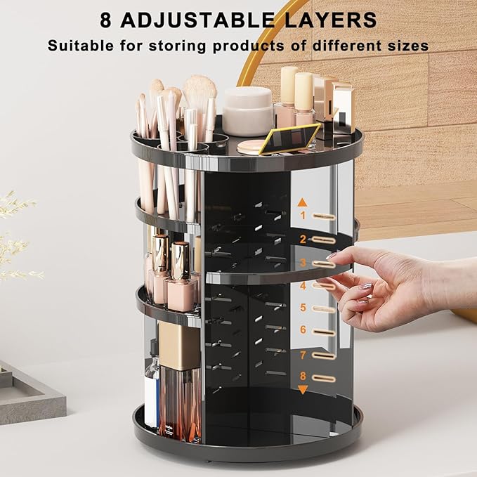Jiavarry Rotating Makeup Organizer for Vanity, 360 Spinning Skincare Organizers with Adjustable Trays, Make Up Desk Storage C