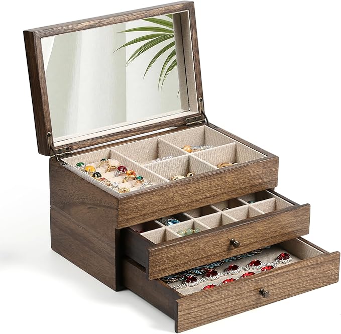 Meangood Jewelry Box Organizer for Women, 3 Layer Large Jewelry Storage Case, Rustic Wooden Jewelry Box with Mirror & Ring Tr