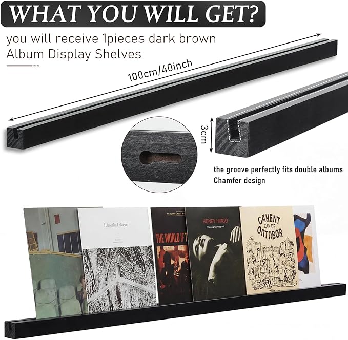 Pinkunn 3 Pcs 40 Inches Vinyl Wall Mount Record Display Shelf, Extra Long Wood Vinyl Record Holder, Album Display Holder Floa
