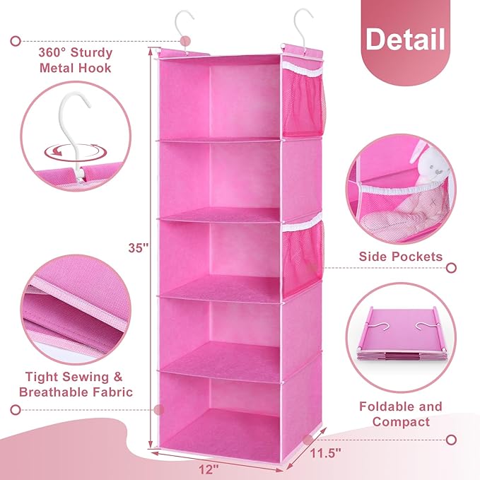 MAX Houser 5-Shelf Hanging Closet Organizer, Hanging Storage Shelves with 4 Side Pockets Space-Saving for Bedroom, Foldable (