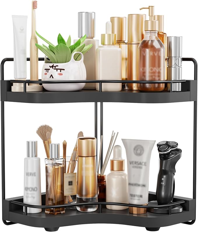 2-Tier Corner Bathroom Counter Organizer with Embedded Screw Holes, Secure & Stable Wood Vanity Shelf for Makeup and Skincare