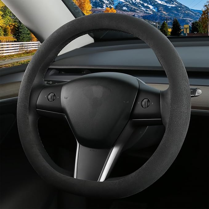 Suede Steering Wheel Cover for Tesla Model 3/Y, Anti Heat, Breathable, Anti-Slip,Leather Steering Wheel Cover 14-14 1/4 in (35.5-36 cm) (Black-02)