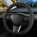 Suede Steering Wheel Cover for Tesla Model 3/Y, Anti Heat, Breathable, Anti-Slip,Leather Steering Wheel Cover 14-14 1/4 in (35.5-36 cm) (Black-02)