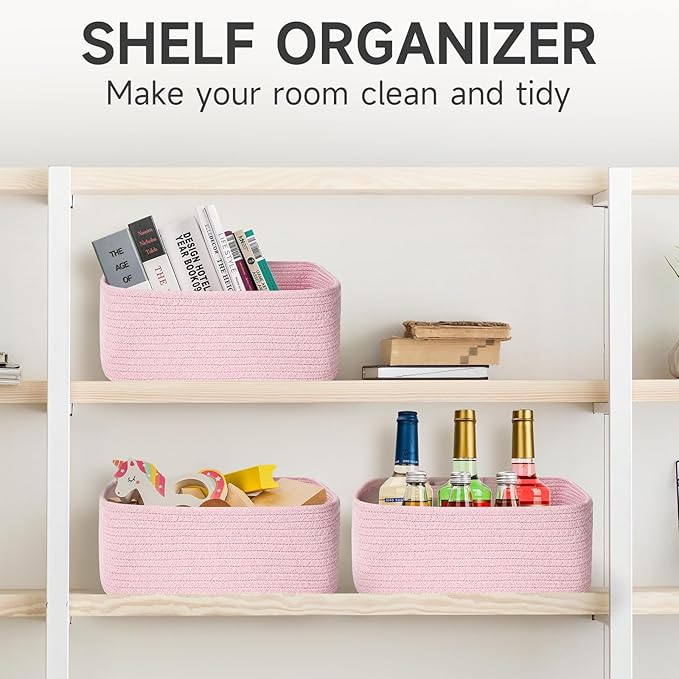 Shelf Baskets for Organizing | Storage Basket for Shelves | Small Woven Baskets | Rope Toy Basket | Closet Organizer Bins | C