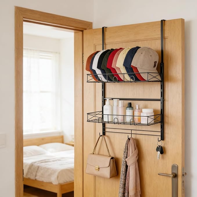 Widousy Over the Door Hat Organizer, 3 Tier Wall Mounted Hat Rack with 2 Adjustable Metal Basket and 3 Hooks, Baseball Cap Or