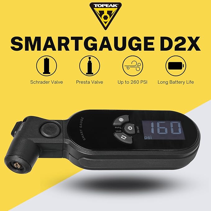 Topeak SmartGauge D2X Digital Tire Pressure Gauge - Accurate and Easy-to-Use Bike Pressure Gauge with Digital Display - Measures PSI for Presta and Schrader Valves
