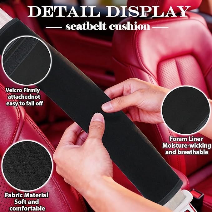 Extended Seat Belt Cover Pad, 2 Pack Soft & Comfortable Universal Seatbelt Covers for Adults and Kids, Fits Car Seat Belts, Armrest, and Backpacks (Black)